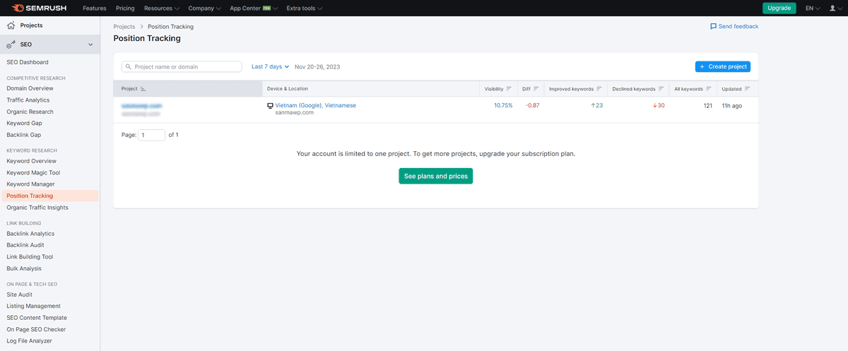 tạo dự án và position tracking với semrush