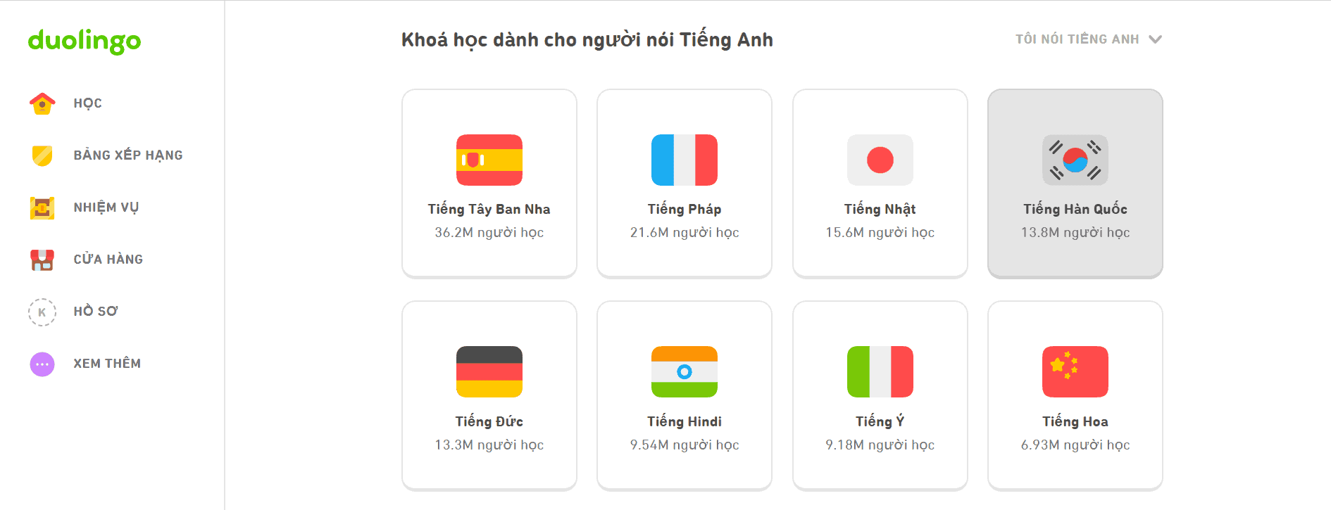 các khóa học ngôn ngữ của duolingo